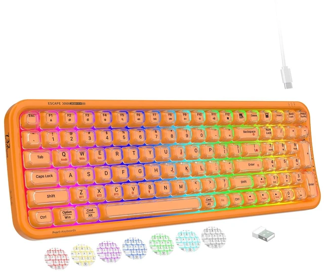 Main image of FOPETT Wireless Keyboard, 3 Modes 2.4G/USB/Bluetooth 100 Keys RGB Gaming Keyboard Wireless, w/No-Lag Connection, Keyboards for PC/Win/Mac Gamers, Transparent Orange