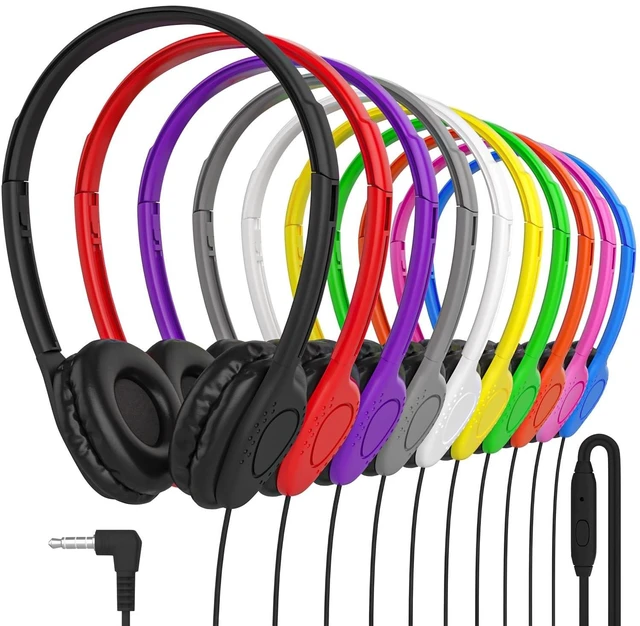 Main image of Bulk Classroom Headphones with Microphone 30 Pack, Wired On-Ear Student Headsets, 3.5mm Stereo Plug, Adjustable Headband, Leatherette Ear Cushions for School, Chromebook, Laptop, Library, Testing