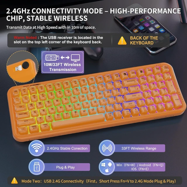Alt view image 3 of 5 - FOPETT Wireless Keyboard, 3 Modes 2.4G/USB/Bluetooth 100 Keys RGB Gaming Keyboard Wireless, w/No-Lag Connection, Keyboards for PC/Win/Mac Gamers, Transparent Orange