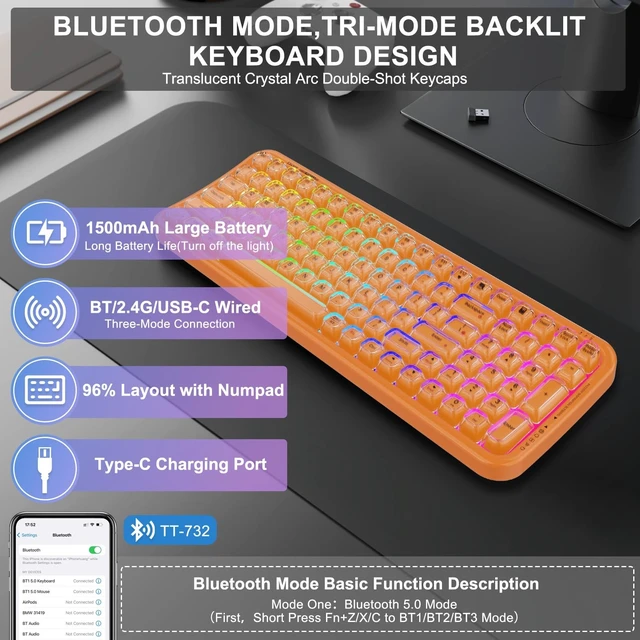 Alt view image 2 of 5 - FOPETT Wireless Keyboard, 3 Modes 2.4G/USB/Bluetooth 100 Keys RGB Gaming Keyboard Wireless, w/No-Lag Connection, Keyboards for PC/Win/Mac Gamers, Transparent Orange
