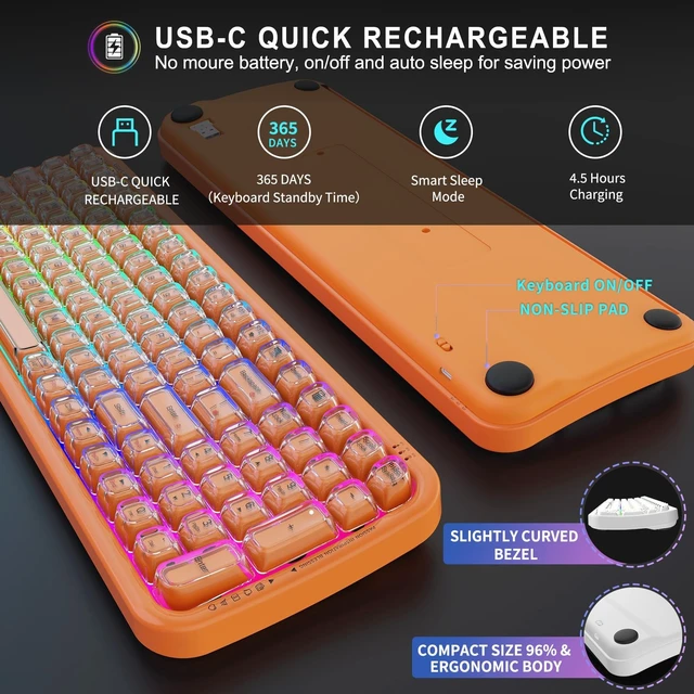 Alt view image 5 of 5 - FOPETT Wireless Keyboard, 3 Modes 2.4G/USB/Bluetooth 100 Keys RGB Gaming Keyboard Wireless, w/No-Lag Connection, Keyboards for PC/Win/Mac Gamers, Transparent Orange