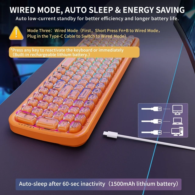 Alt view image 4 of 5 - FOPETT Wireless Keyboard, 3 Modes 2.4G/USB/Bluetooth 100 Keys RGB Gaming Keyboard Wireless, w/No-Lag Connection, Keyboards for PC/Win/Mac Gamers, Transparent Orange