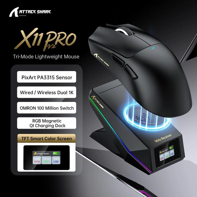 Alt view image 2 of 5 - ATTACK SHARK X11 PRO V2 Tri Mode Lightweight Wireless Gaming Mouse-Black