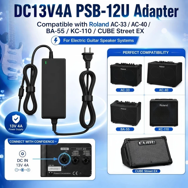 Alt view image 2 of 5 - 13V 4A 52W Replacement AC Adapter for Roland PSB-12U