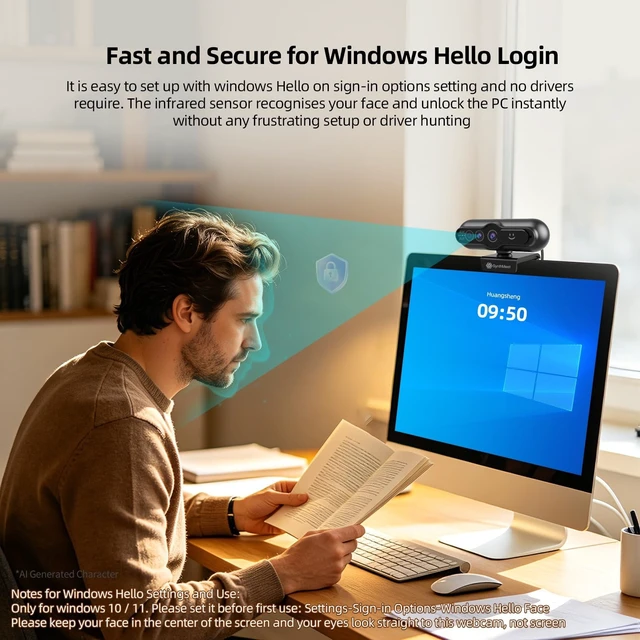 Alt view image 2 of 5 - 4K Webcam with Windows Hello, Facial Recognition, Log-on with Windows hello