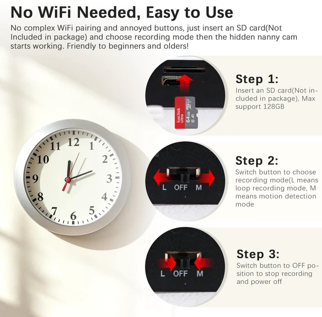 Alt view image 2 of 5 - 1080P Hidden Spy Camera in Clock, Nanny Cam Without WiFi for Home Office