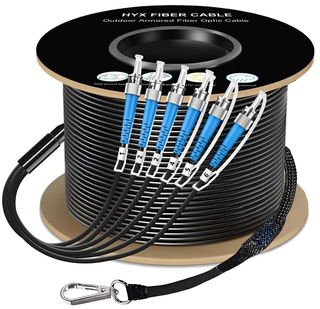Main image of 125M/410ft 6 Core OM3 Multimode ST to ST Outdoor Armored Fiber Patch Cable, Direct Burial 6 Strands Fiber Optic Cable 10GB/40GB, Industrial TPU, ST-ST 6 Fibers Optical Jumper with Pulling Eye, OD-5mm