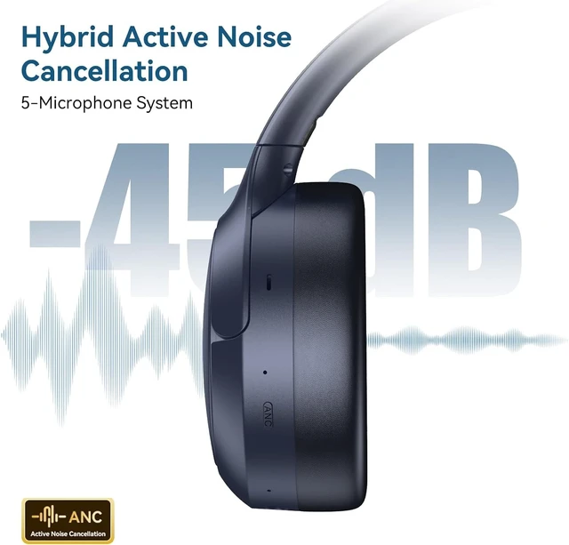 Alt view image 2 of 5 - Hybrid ANC Wireless Over-Ear Headphones, 100H Playtime, Hi-Res Audio, Bluetooth 6.0, Multi-Mode Noise Cancellation, Comfort Fit, iOS & Android Compatible, Foldable Design, Travel-Friendly (Blue