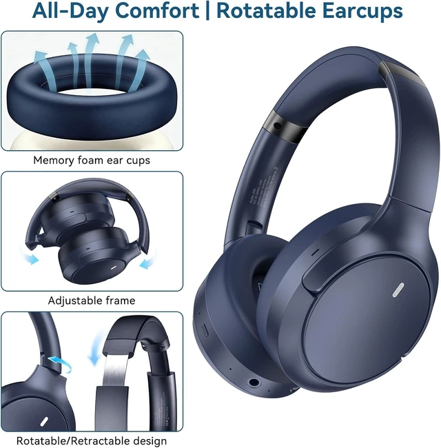 Alt view image 5 of 5 - Hybrid ANC Wireless Over-Ear Headphones, 100H Playtime, Hi-Res Audio, Bluetooth 6.0, Multi-Mode Noise Cancellation, Comfort Fit, iOS & Android Compatible, Foldable Design, Travel-Friendly (Blue