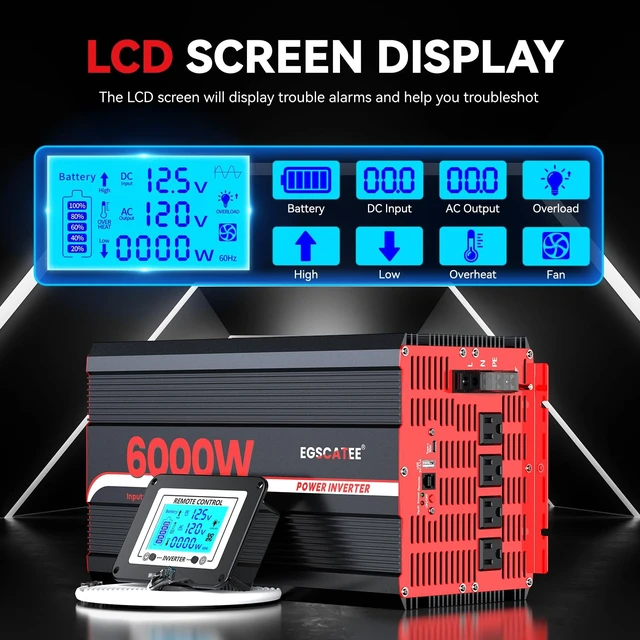 Alt view image 4 of 5 - 6000W Power Inverter 12V DC to 120V AC,12000W Peak Power for Off-Grid Solar
