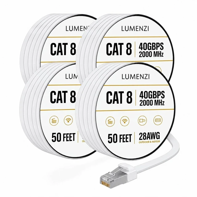 Main image of Lumenzi Cat8 Flat Ethernet Cable 50ft, 4 Pc Pack, 40Gbps 2000MHz Network Patch Cord, S/FTP Shielded LAN Cable, ETL Listed, RoHS Compliant, with RJ45 Connectors for Gaming, Router, Modem & Laptop