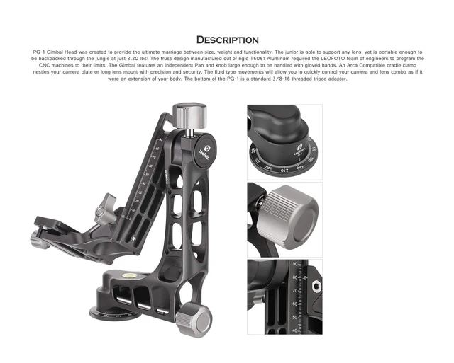 Alt view image 3 of 5 - Leofoto PG-1 Gimbal Head for Telephoto Lenses, 55 lb Load, Arca-Swiss Clamp