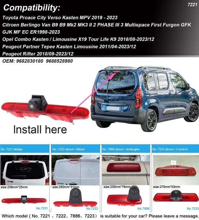 Alt view image 4 of 5 - Brake Lamp Car Backup Camera Replacement for Toyota Proace City Verso Kasten MPV Fiat Citroen Berlingo Opel Combo Limousine X19 Tour Peugeot Partner Tepee Limousine Life K9 Rifter+7" Reverse Mirror