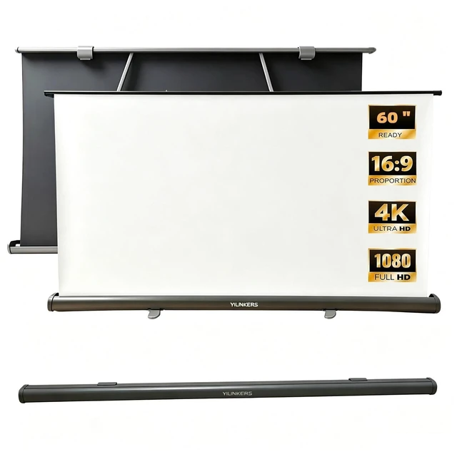 Main image of 60 inch Projector Screen, YILINKERS Retractable Pull Up Screen, Floor Projector Screen, 16:9 4K Portable Screen for Projector, Movie Screen for Indoor Gaming, Office, Classroom and Home Theater