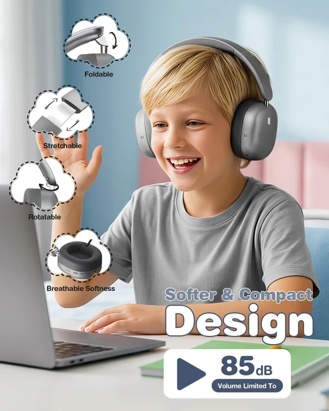 Alt view image 5 of 5 - Wentronic Kids Headphones Wireless Bluetooth 5.4,Foldable Over Ear Headphones with 3.5mm Wired Mode,Safe Volume Limit,48H Playtime,Clear Calls,HD Sound for Toddlers/Children/School/Travel,Space