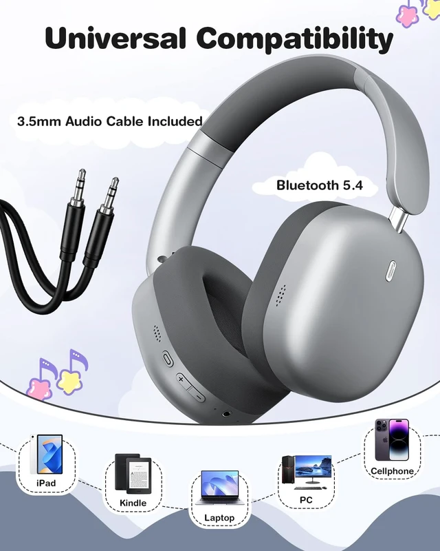 Alt view image 3 of 5 - Wentronic Kids Headphones Wireless Bluetooth 5.4,Foldable Over Ear Headphones with 3.5mm Wired Mode,Safe Volume Limit,48H Playtime,Clear Calls,HD Sound for Toddlers/Children/School/Travel,Space