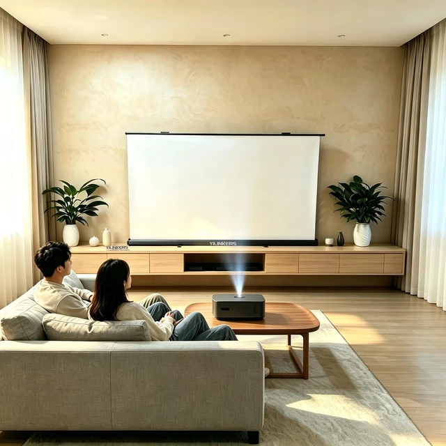 Alt view image 4 of 5 - 60 inch Projector Screen, YILINKERS Retractable Pull Up Screen, Floor Projector Screen, 16:9 4K Portable Screen for Projector, Movie Screen for Indoor Gaming, Office, Classroom and Home Theater