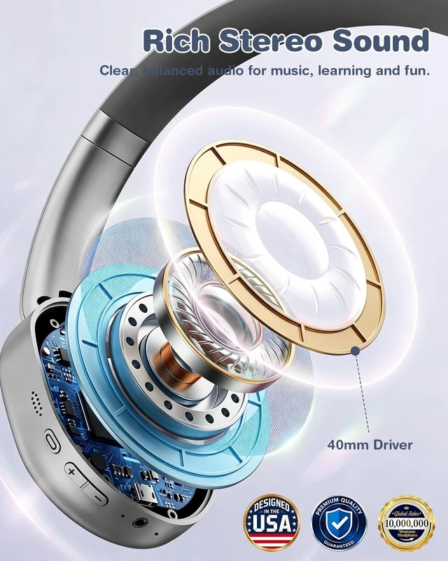 Alt view image 4 of 5 - Wentronic Kids Headphones Wireless Bluetooth 5.4,Foldable Over Ear Headphones with 3.5mm Wired Mode,Safe Volume Limit,48H Playtime,Clear Calls,HD Sound for Toddlers/Children/School/Travel,Space