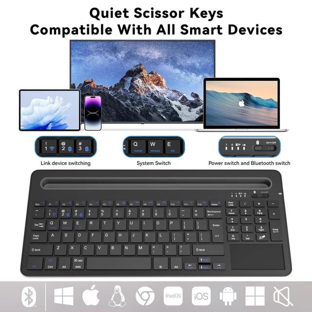 Alt view image 2 of 5 - JPHTEK Multi-Device Wireless Keyboard with Silicone Stand & Touchpad Black