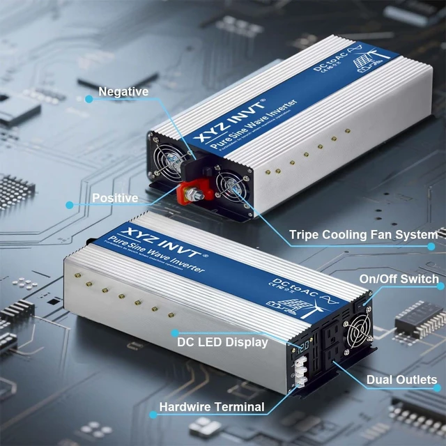 Alt view image 2 of 5 - XYZ INVT 3000W Pure Sine Wave Inverter DC 12V to AC 110V 120V Power Inverter with Dual AC Outlets & Hardwire Terminal & LED Display for Solar,Home Backup Power,Outdoor Over 90% Efficiency