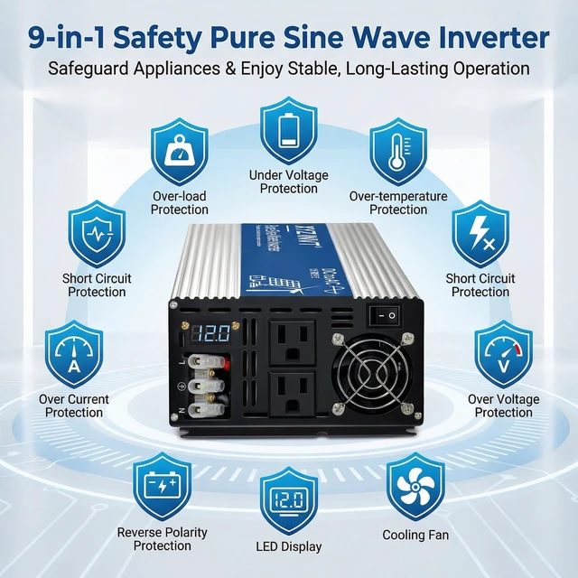 Alt view image 3 of 5 - XYZ INVT 3000W Pure Sine Wave Inverter DC 12V to AC 110V 120V Power Inverter with Dual AC Outlets & Hardwire Terminal & LED Display for Solar,Home Backup Power,Outdoor Over 90% Efficiency