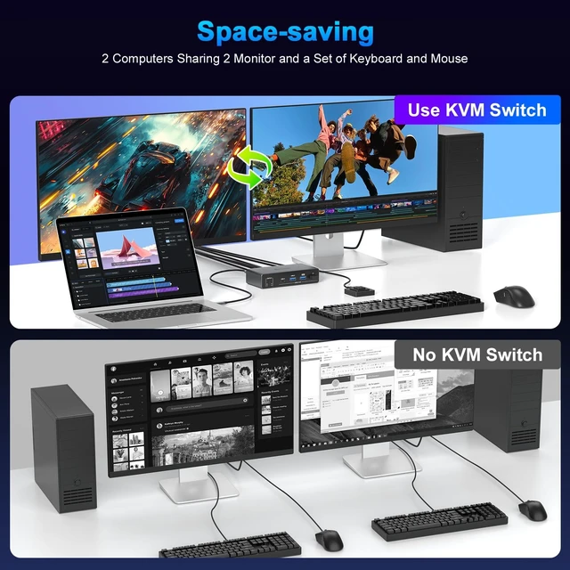 Alt view image 3 of 5 - USB C HDMI KVM Switch 2 Monitors 2 Computers,4K@60HZ Dual Monitors KVM Switches for 2 PC/Laptops Share Mouse Keyboard and 2 Screens,4 USB3.0 Devices,Support 100W Charging for Laptop