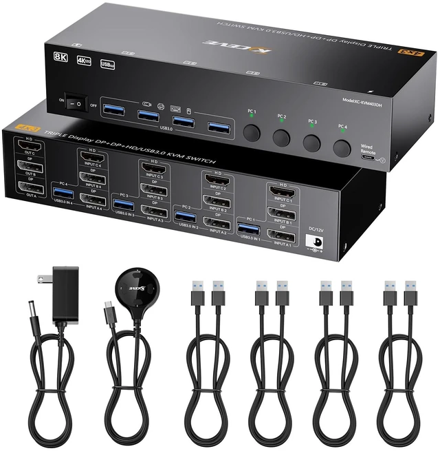 Main image of KVM Switch 3 Monitors 4 Computers HDMI + DisplayPort, USB 3.0 8K@30Hz/4k@144Hz Triple Monitor KVM Switcher, 3 Monitor KVM for 4 PC Share 3 Display and 4 USB 3.0 Devices