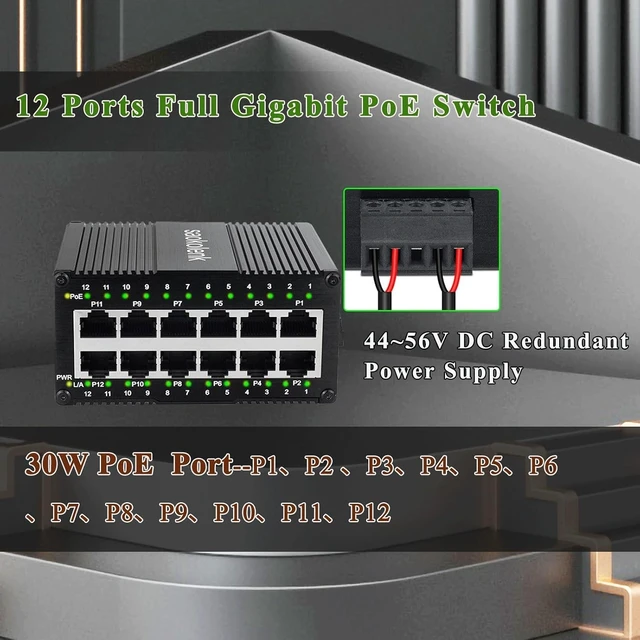 Alt view image 2 of 5 - Industrial 12 Ports 30W Gigabit Ethernet Switch 10/100/1000Mbps RJ45 IEEE802.3af/at DIN Rail Unmanaged Network Switch for Network Communications (30W PoE)