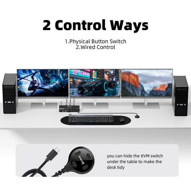 Alt view image 5 of 5 - KVM Switch 3 Monitors 4 Computers HDMI + DisplayPort, USB 3.0 8K@30Hz/4k@144Hz Triple Monitor KVM Switcher, 3 Monitor KVM for 4 PC Share 3 Display and 4 USB 3.0 Devices