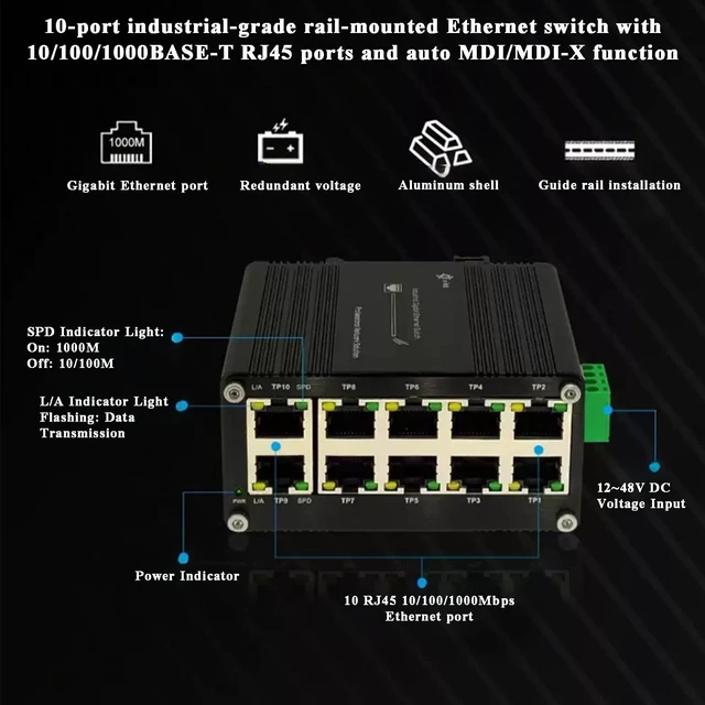 Alt view image 3 of 5 - TenxoxneT Industrial 10-Port Gigabit Ethernet Switch