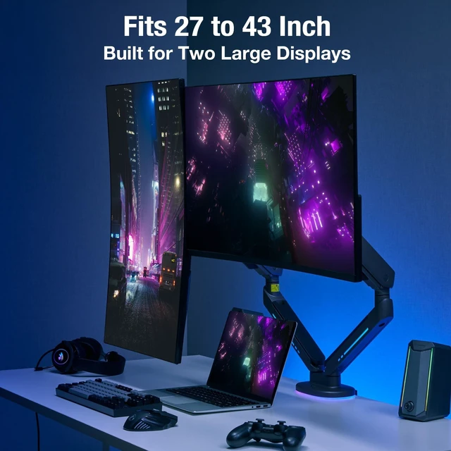 Alt view image 2 of 5 - AVLT RGB Gaming Dual Monitor Arm Desk Mount for 27-43" Screens - Black
