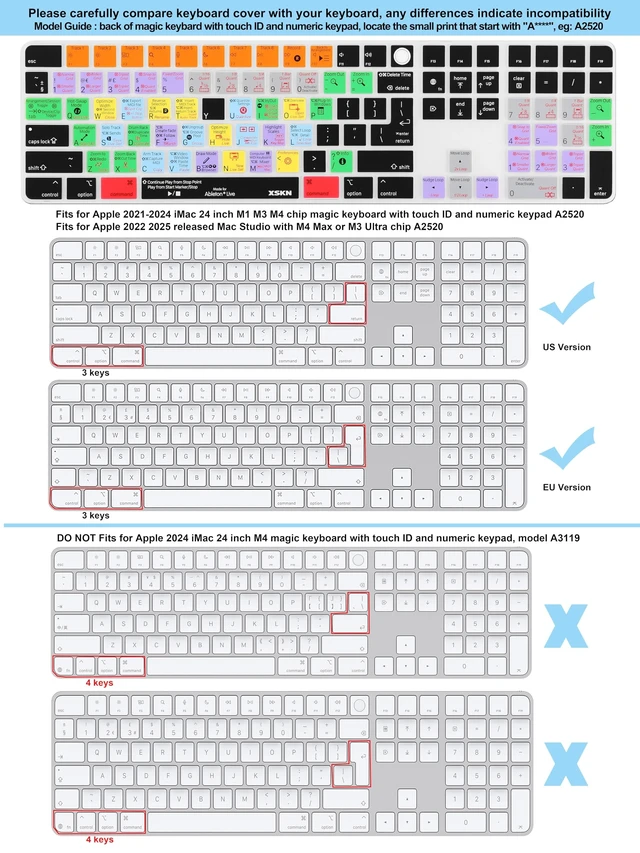 Alt view image 5 of 5 - XSKN Ableton Live Shortcut Keyboard Cover for Mac Studio Magic Keyboard with Touch ID and Numeric Keypad A2520
