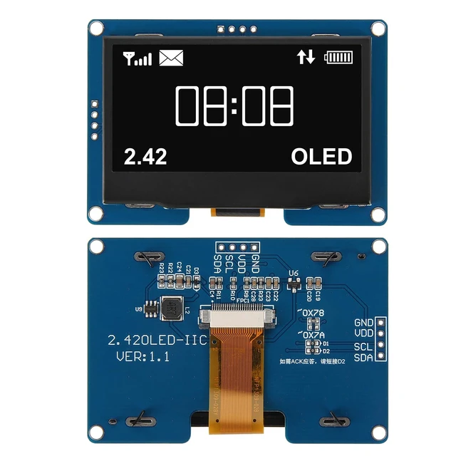 Alt view image 3 of 5 - AITRIP 2PCS 2.4" 2.42 inch 128x64 OLED LCD Display Module SSD1309 12864 4 Pin IIC I2C Serial Interface for Arduino UNO R3 C51-White Light