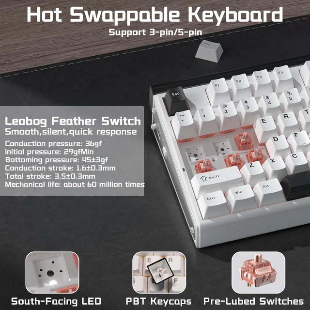 Alt view image 4 of 5 - Aula H108 Wireless Silent Mechanical Keyboard with Number Pad Hot Swappable