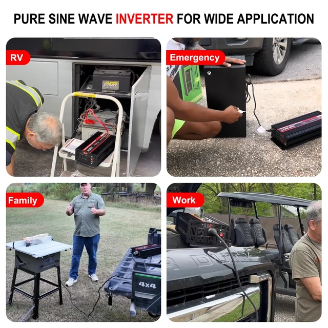 Alt view image 2 of 5 - JIGUUN 2000 Watt Pure Sine Wave Inverter, Power Converter 12V DC to 110V/120V AC, Car Inverter with 4 AC Outlets&USB Port Remote Control for RV Camping-Peak 4000 Watt.