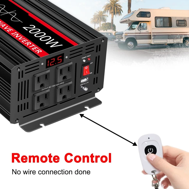 Alt view image 4 of 5 - JIGUUN 2000 Watt Pure Sine Wave Inverter, Power Converter 12V DC to 110V/120V AC, Car Inverter with 4 AC Outlets&USB Port Remote Control for RV Camping-Peak 4000 Watt.