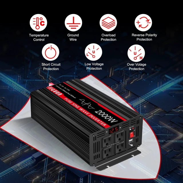 Alt view image 5 of 5 - JIGUUN 2000 Watt Pure Sine Wave Inverter, Power Converter 12V DC to 110V/120V AC, Car Inverter with 4 AC Outlets&USB Port Remote Control for RV Camping-Peak 4000 Watt.