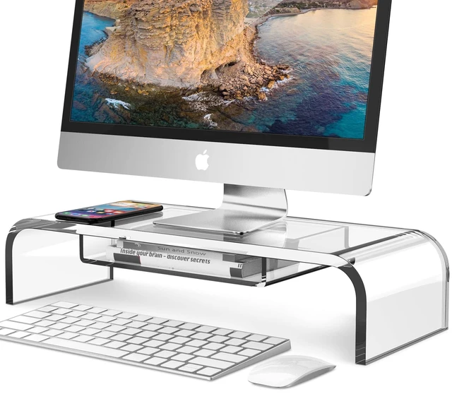 Main image of Premium Acrylic Monitor Stand Riser - Automotive-Grade Non-Yellowing Organic Glass, Crystal Clear Computer Monitor Riser for Desk, Heavy Duty Unibody Screen Shelf & Keyboard Organizer for Home Office,