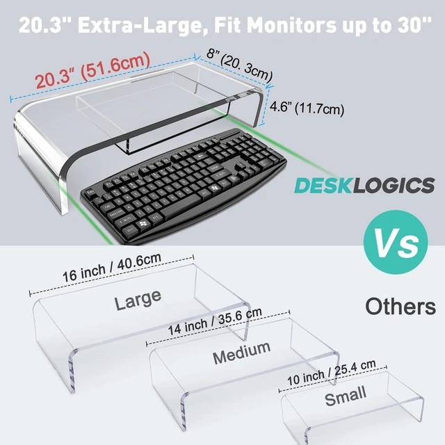 Alt view image 2 of 5 - Premium Acrylic Monitor Stand Riser - Automotive-Grade Non-Yellowing Organic Glass, Crystal Clear Computer Monitor Riser for Desk, Heavy Duty Unibody Screen Shelf & Keyboard Organizer for Home Office,
