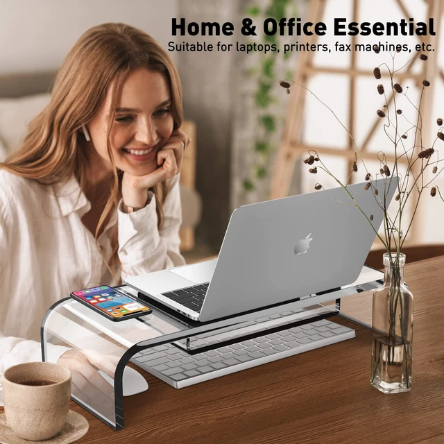 Alt view image 5 of 5 - Premium Acrylic Monitor Stand Riser - Automotive-Grade Non-Yellowing Organic Glass, Crystal Clear Computer Monitor Riser for Desk, Heavy Duty Unibody Screen Shelf & Keyboard Organizer for Home Office,