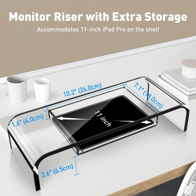Alt view image 4 of 5 - Premium Acrylic Monitor Stand Riser - Automotive-Grade Non-Yellowing Organic Glass, Crystal Clear Computer Monitor Riser for Desk, Heavy Duty Unibody Screen Shelf & Keyboard Organizer for Home Office,