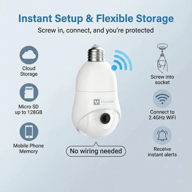 Alt view image 2 of 5 - VicoHome Light Bulb Camera Outdoor Indoor 2K HD WiFi Security Camera with 360 View, Motion Detection, Color Night Vision, Two-Way Audio, Siren, Works with Alexa Easy Install Surveillance Cam