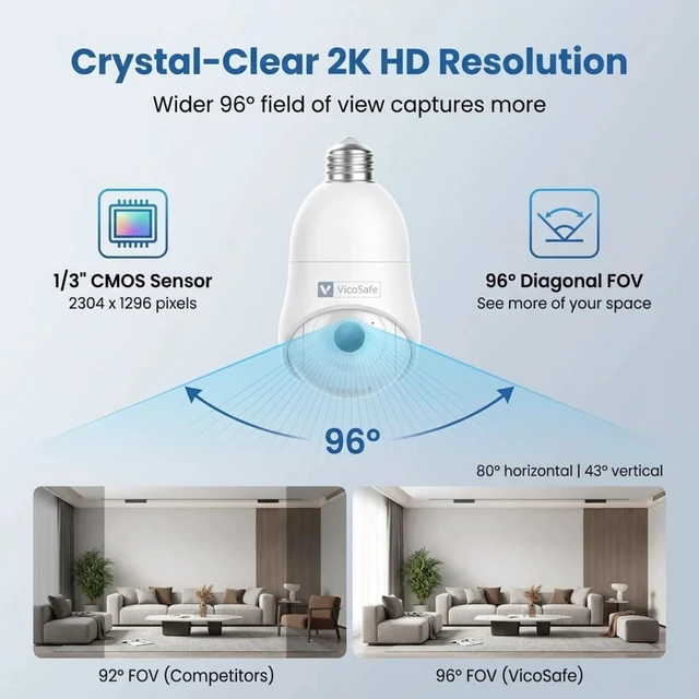 Alt view image 4 of 5 - VicoHome Light Bulb Camera Outdoor Indoor 2K HD WiFi Security Camera with 360 View, Motion Detection, Color Night Vision, Two-Way Audio, Siren, Works with Alexa Easy Install Surveillance Cam