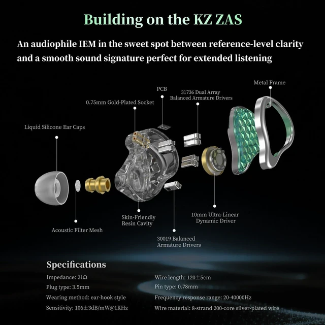Alt view image 3 of 5 - KZ ZAS Pro 7BA+1DD IEM - HiFi in-Ear Monitor for Gaming/Music/Calls