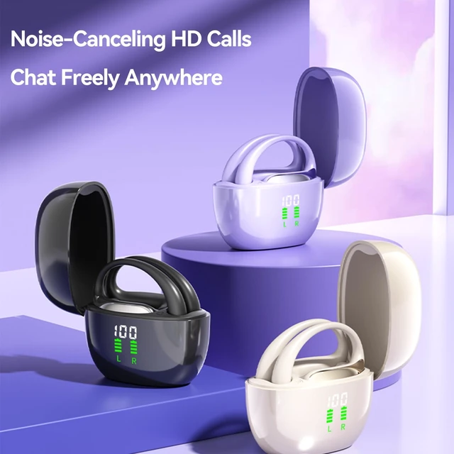 Alt view image 2 of 5 - ROEL-PLAY Open Ear Wireless Earbuds Bluetooth Headphones, Noise Reduction Low Latency Gaming Earphones, LED Digital Display Lightweight Silicone Earphones(Purple)