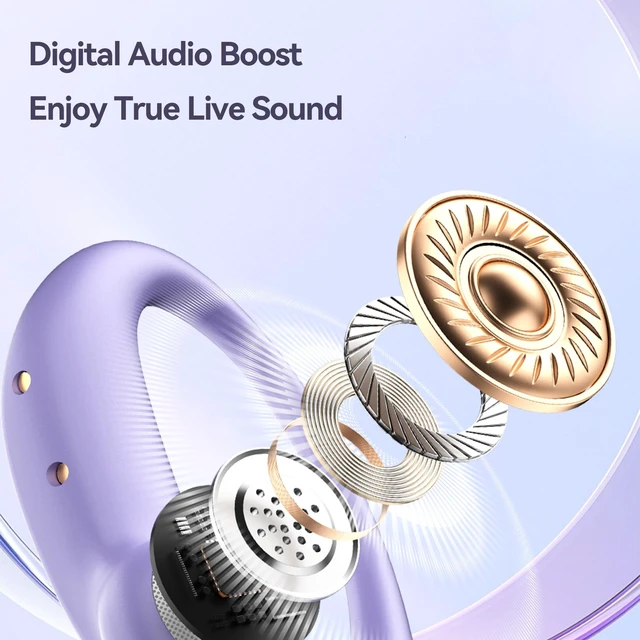 Alt view image 3 of 5 - ROEL-PLAY Open Ear Wireless Earbuds Bluetooth Headphones, Noise Reduction Low Latency Gaming Earphones, LED Digital Display Lightweight Silicone Earphones(Purple)