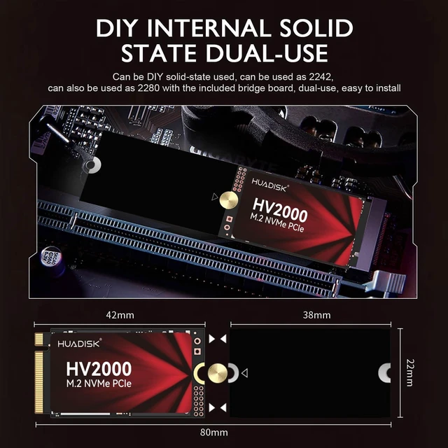 Alt view image 3 of 5 - HUADISK M.2 NVMe SSD with Heatsink, 512GB M2 SSD 2242 Gen3x4 with 2280 Extension Board, Internal Solid State Drive, Up to 2050MB/s, 3D NAND Flash, for PC, Desktop and Laptop