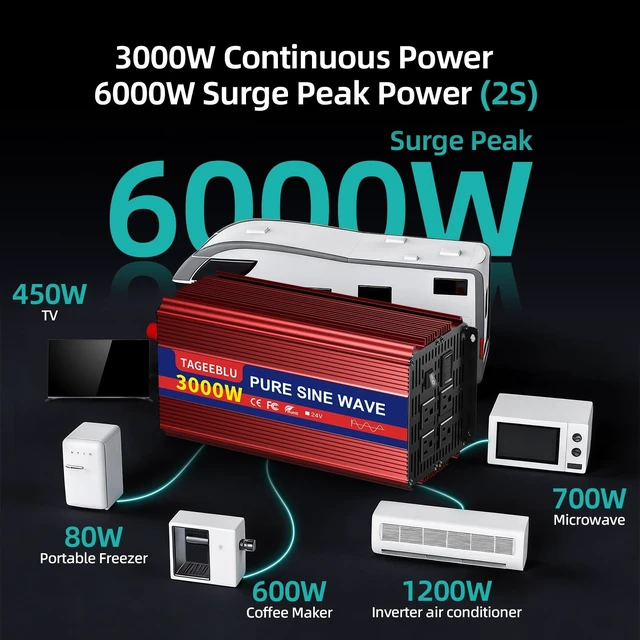 Alt view image 3 of 5 - TAGEEBLU 24V 3000W Pure Sine Wave Power Inverter, 24V DC to 110V-120V AC