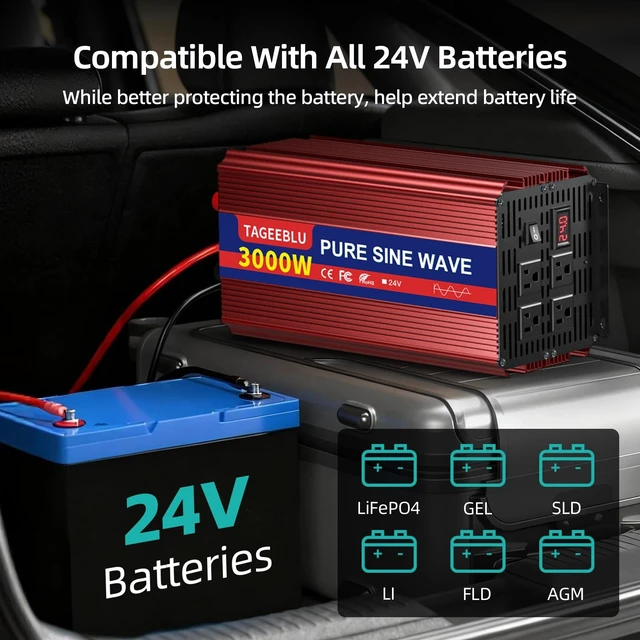 Alt view image 2 of 5 - TAGEEBLU 24V 3000W Pure Sine Wave Power Inverter, 24V DC to 110V-120V AC