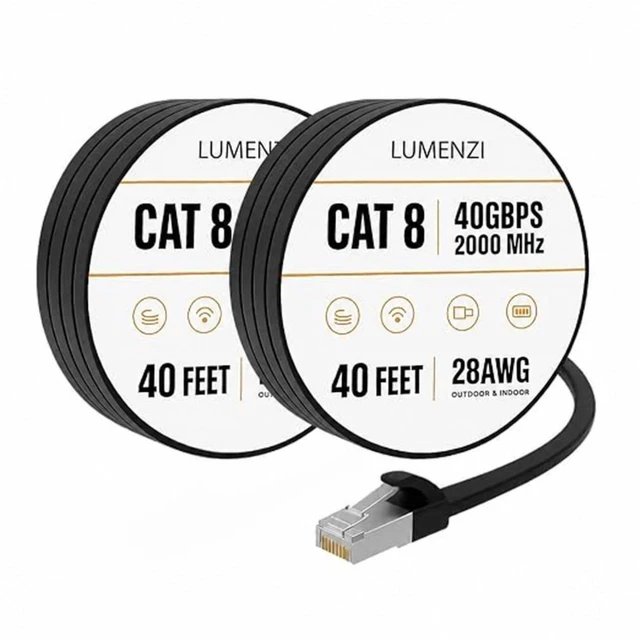 Main image of Lumenzi Cat8 Flat Ethernet Cable 40ft, 2 Pc Pack, 40Gbps 2000MHz Network Patch Cord, S/FTP Shielded LAN Cable, ETL Listed, RoHS Compliant, with RJ45 Connectors for Gaming, Router, Modem & Laptop